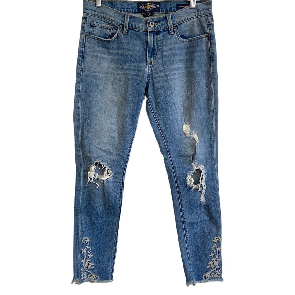 LUCKY BRAND Embroidered Raw Hem Charlie Skinny Jeans